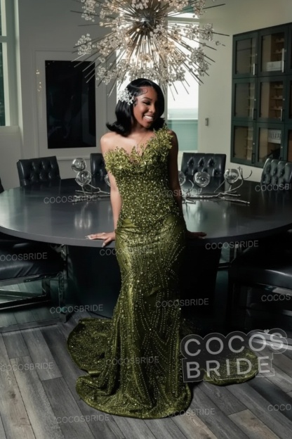 One Shoulder Sleeveless Mermaid Prom Dress with Beaded