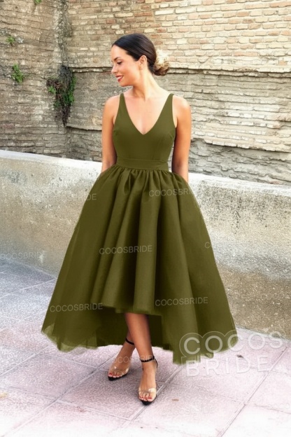 Simple Black V-neck Sleeveless Asymmetrical A-Line Prom Dresses