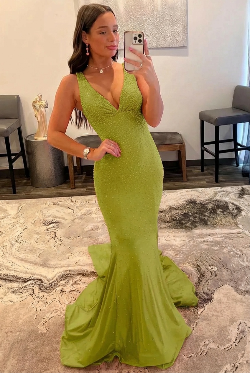 Orange Long Mermaid V neck Sequin Backless Prom Dress