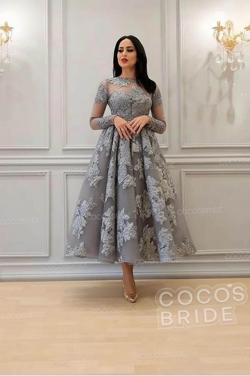 Elegant Short A-line High Neck Lace Ankle Length Formal Evening Dress with Sleeves