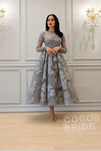 Elegant Short A-line High Neck Lace Ankle Length Formal Evening Dress with Sleeves