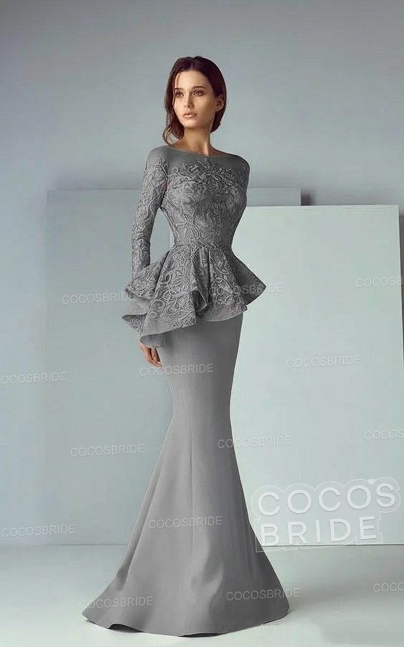 Modest Long Mermaid Lace Satin Formal Prom Dresses with Sleeves