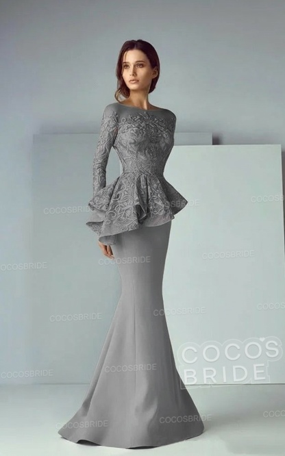 Modest Long Mermaid Lace Satin Formal Prom Dresses with Sleeves