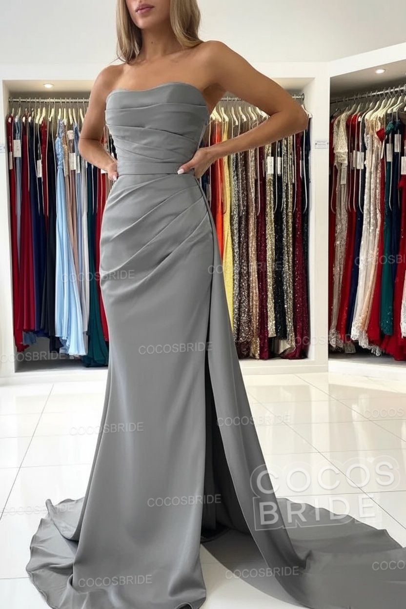 Long Mermaid Strapless Satin Prom Dress with Slit