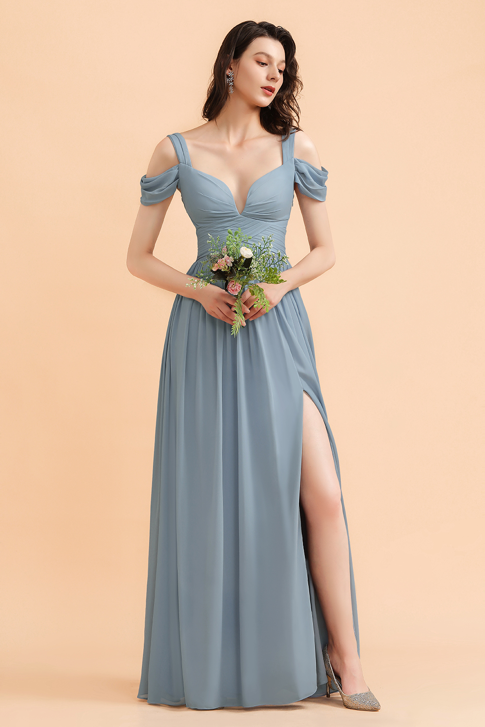 Grey Blue Chiffon Off-the-Shoulder Sweetheart Long Bridesmaid Dress With Side Slit