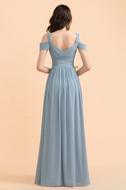 Grey Blue Chiffon Off-the-Shoulder Sweetheart Long Bridesmaid Dress With Side Slit