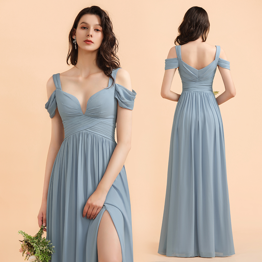 Grey Blue Chiffon Off-the-Shoulder Sweetheart Long Bridesmaid Dress With Side Slit