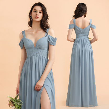 Grey Blue Chiffon Off-the-Shoulder Sweetheart Long Bridesmaid Dress With Side Slit