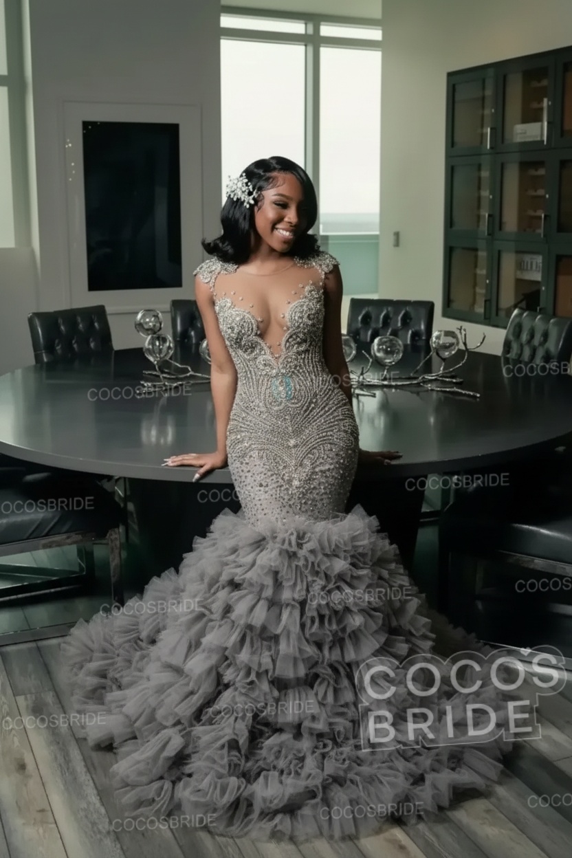 Elegant Long Mermaid Deep V-neck Ruffles Beaded Prom Dress