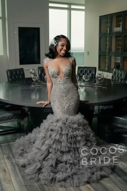 Elegant Long Mermaid Deep V-neck Ruffles Beaded Prom Dress