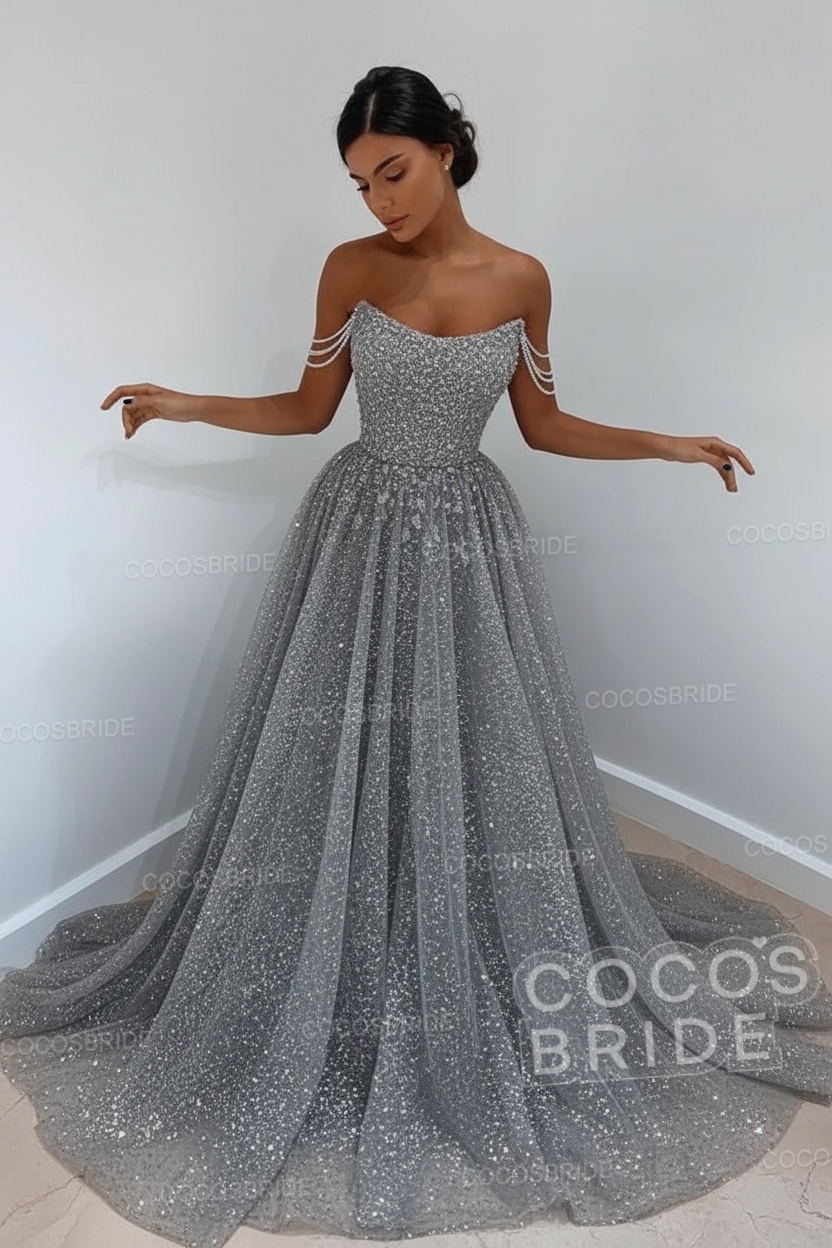 Long A-line Sparkly Sleeveless Sequined Formal Prom Dress