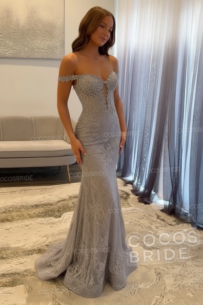 Dark Navy Long Mermaid Off the Shoulder Lace Prom Dress