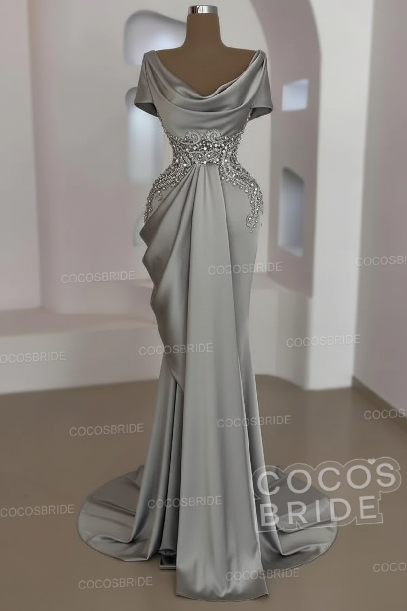 Mermaid Cowl Neck Satin Long Prom Dresses with Short Sleeves