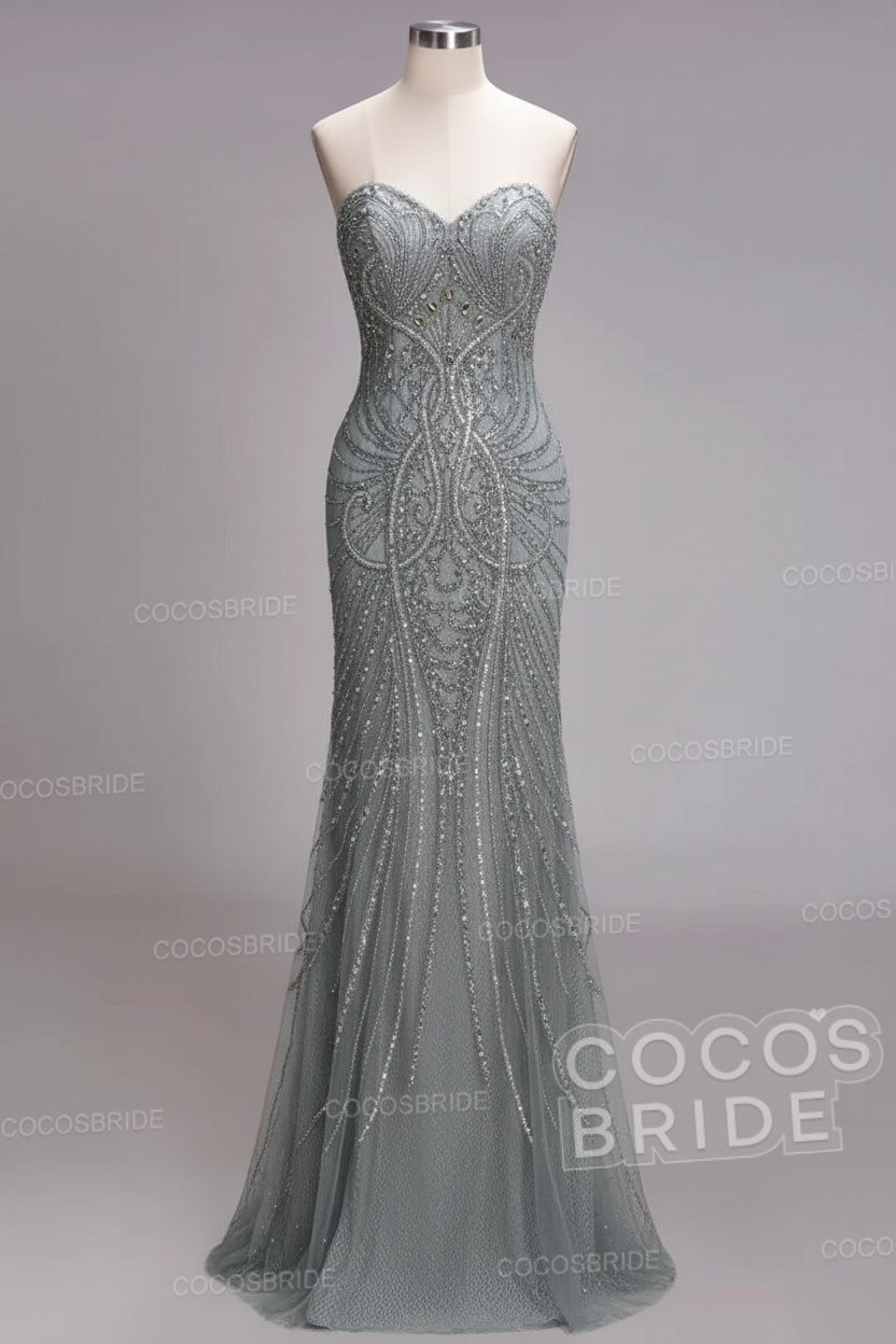 Mermaid Strapless Sweetheart Long Sequined Formal Evening Dresses with Beads