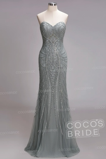 Mermaid Strapless Sweetheart Long Sequined Formal Evening Dresses with Beads
