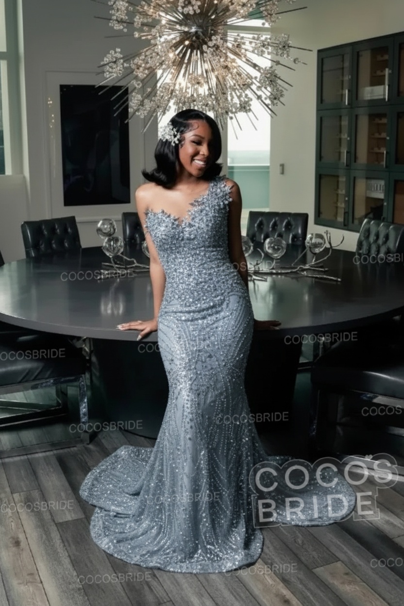 One Shoulder Sleeveless Mermaid Prom Dress with Beaded