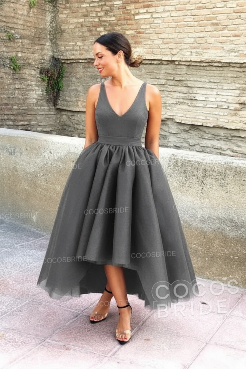 Simple Black V-neck Sleeveless Asymmetrical A-Line Prom Dresses