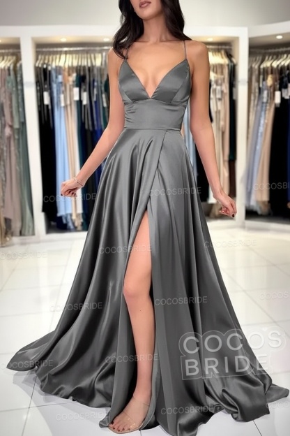 Simple Long A-line V-neck Satin Backless Formal Prom Dresses with Slit
