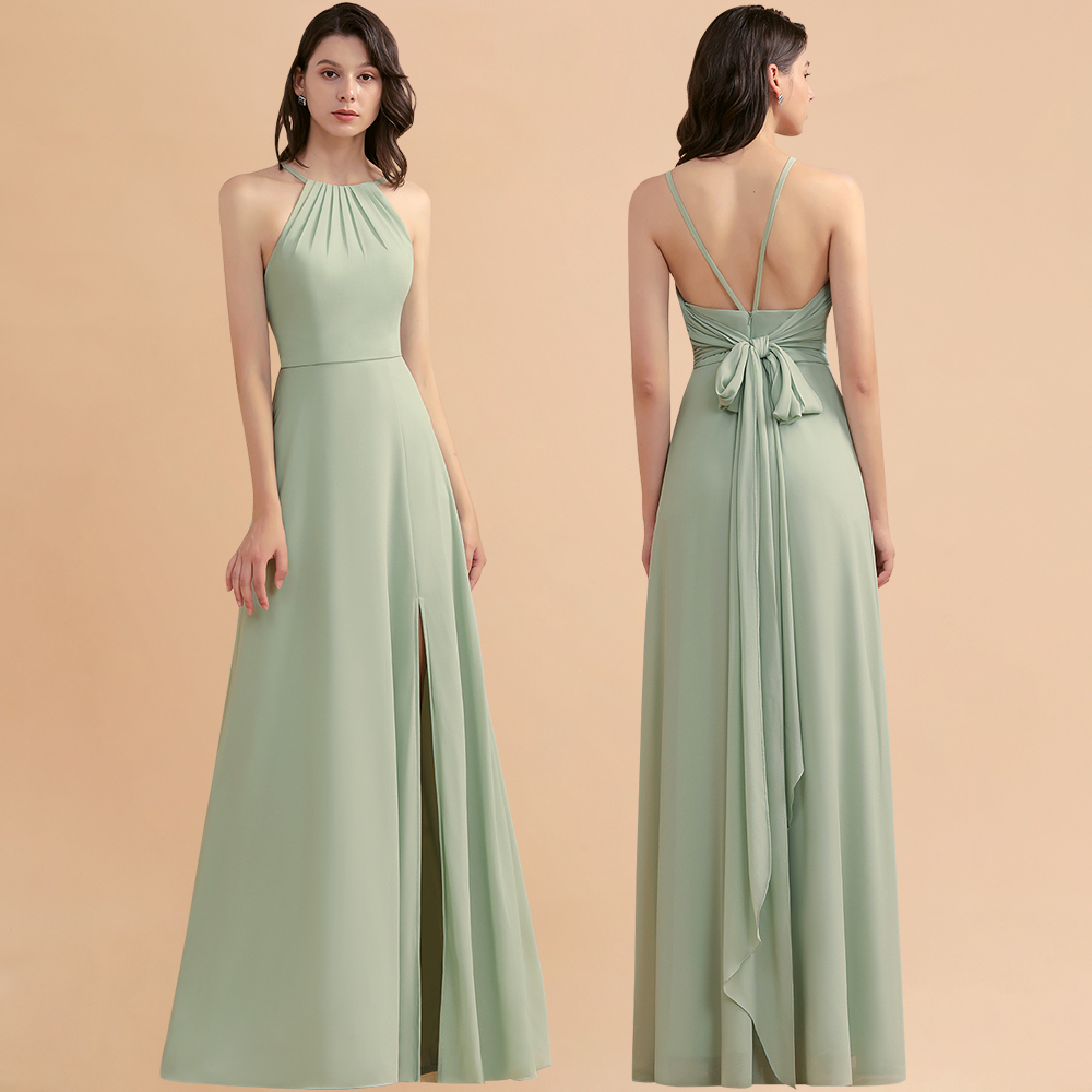 Halter A-Line Wedding Guest Dress Backless Long Bridesmaid Dress With Side Slit