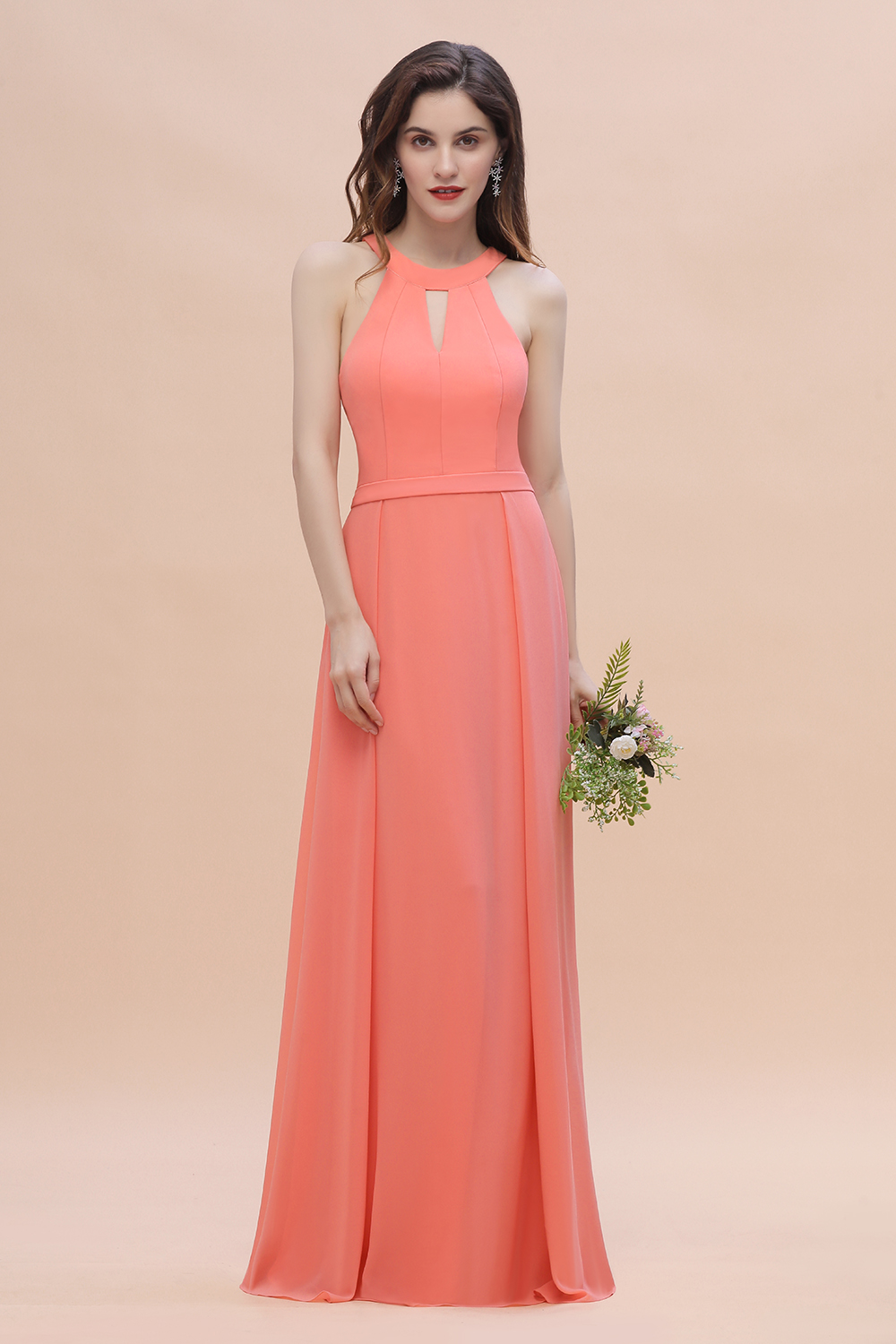 Halter Chiffon Floor Length Wedding Guest Dress A-Line Keyhole Bridesmaid Dress