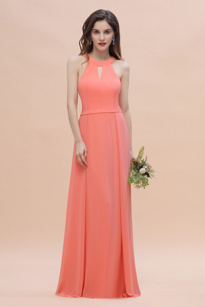 Halter Chiffon Floor Length Wedding Guest Dress A-Line Keyhole Bridesmaid Dress