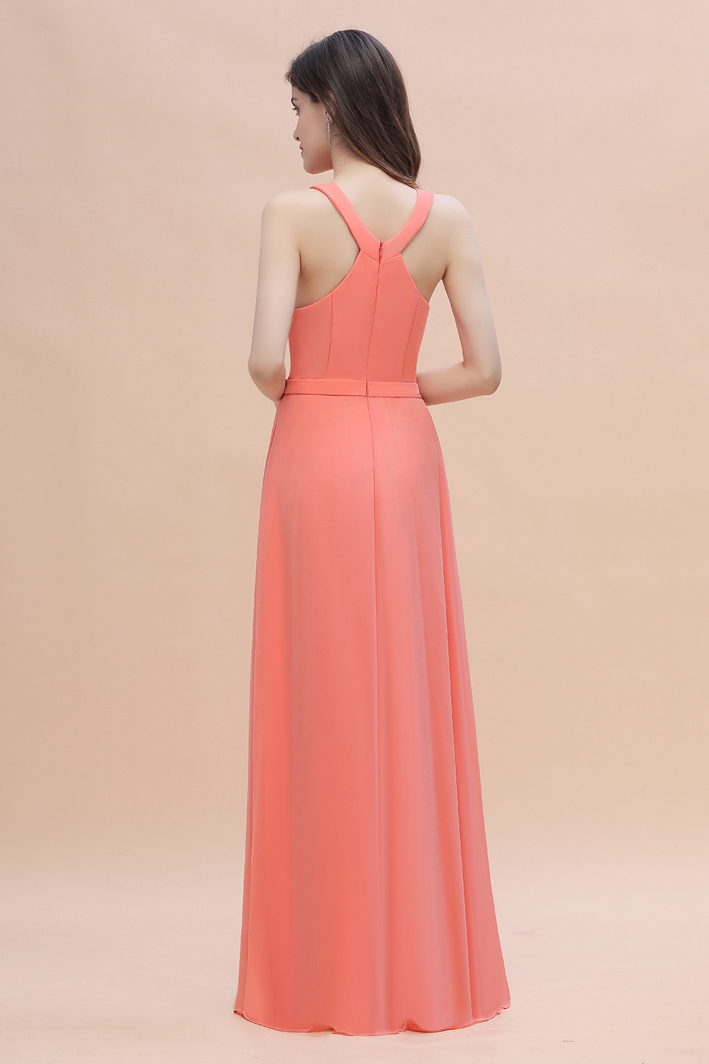 Halter Chiffon Floor Length Wedding Guest Dress A-Line Keyhole Bridesmaid Dress
