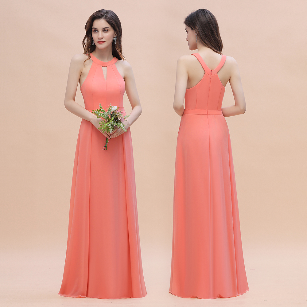 Halter Chiffon Floor Length Wedding Guest Dress A-Line Keyhole Bridesmaid Dress