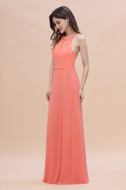 Halter Chiffon Floor Length Wedding Guest Dress A-Line Keyhole Bridesmaid Dress
