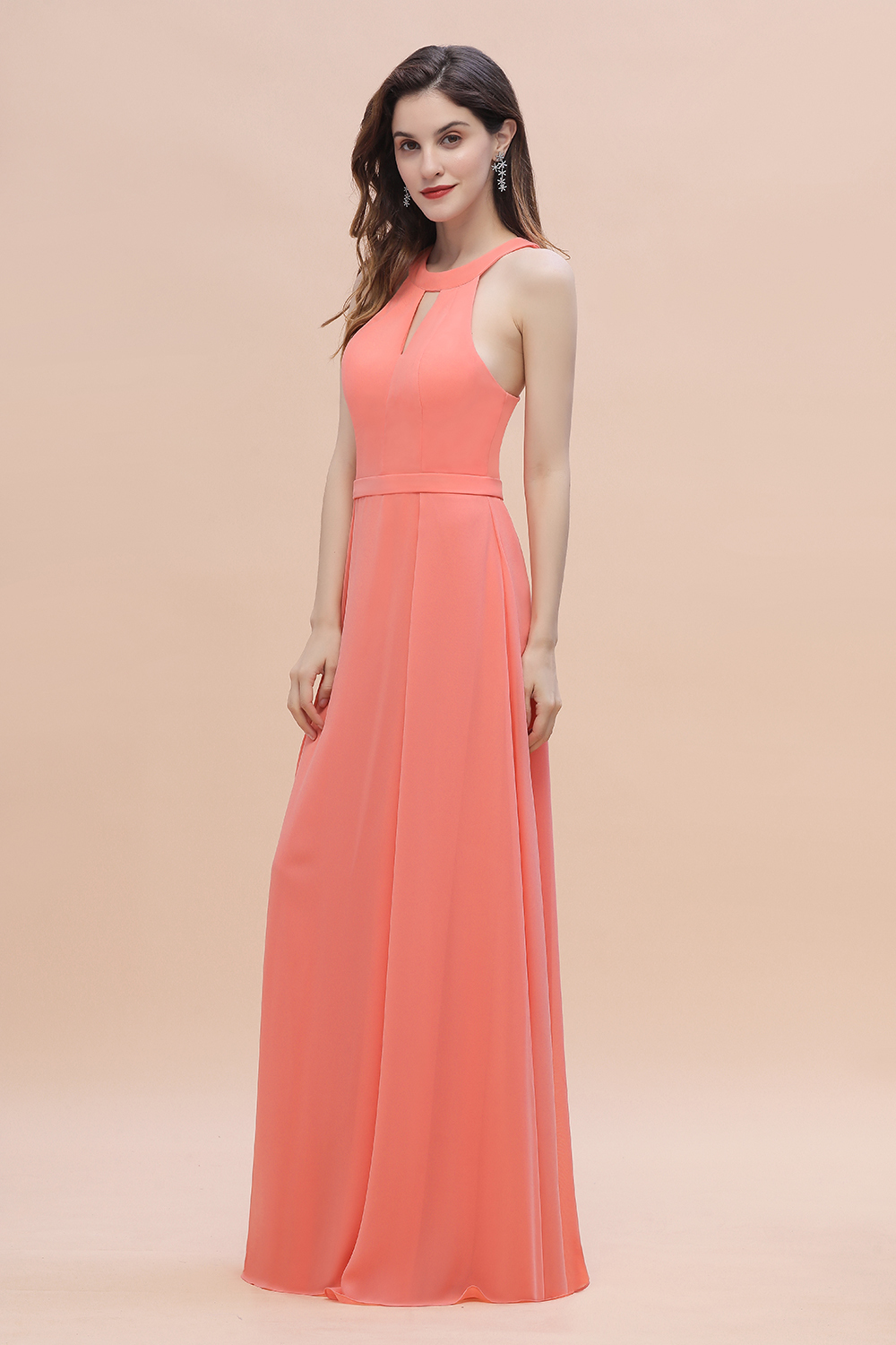 Halter Chiffon Floor Length Wedding Guest Dress A-Line Keyhole Bridesmaid Dress