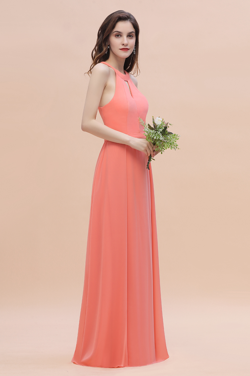 Halter Chiffon Floor Length Wedding Guest Dress A-Line Keyhole Bridesmaid Dress