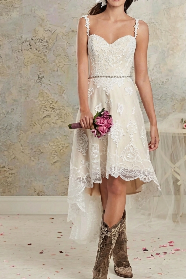 High Low A-Line Spaghetti Strap Asymmetrical Lace Tulle Sleeveless Wedding Dresses