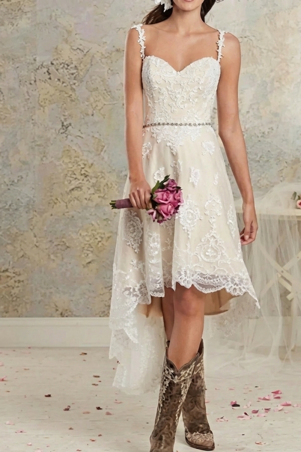 High Low A-Line Spaghetti Strap Asymmetrical Lace Tulle Sleeveless Wedding Dresses
