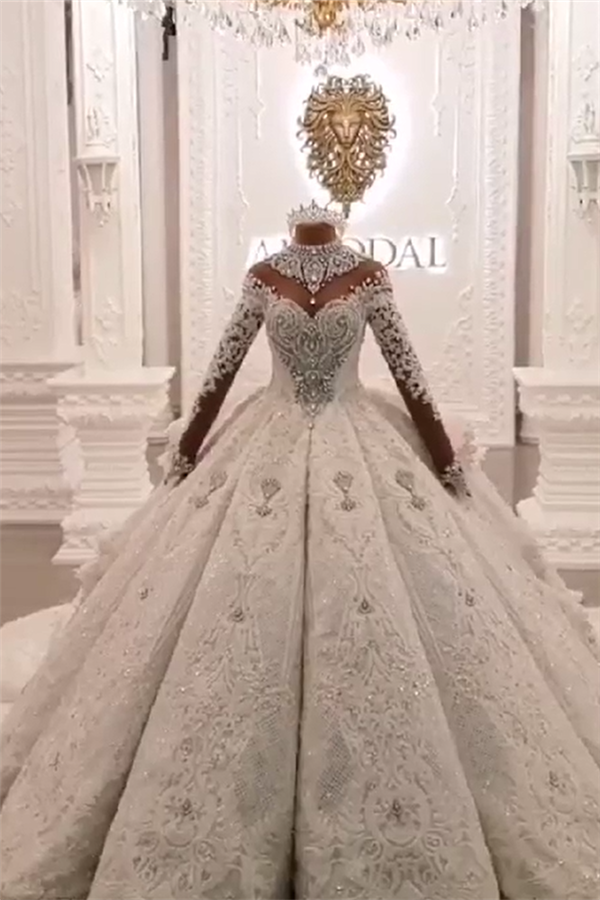 High Neck Train Long Sleeves Sparkle Applique Satin Ball Gown Wedding Dress