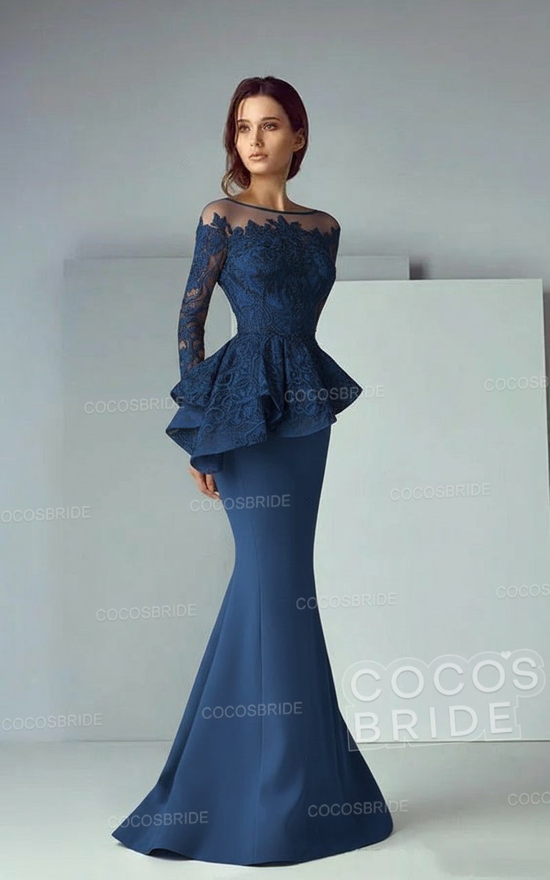 Modest Long Mermaid Lace Satin Formal Prom Dresses with Sleeves