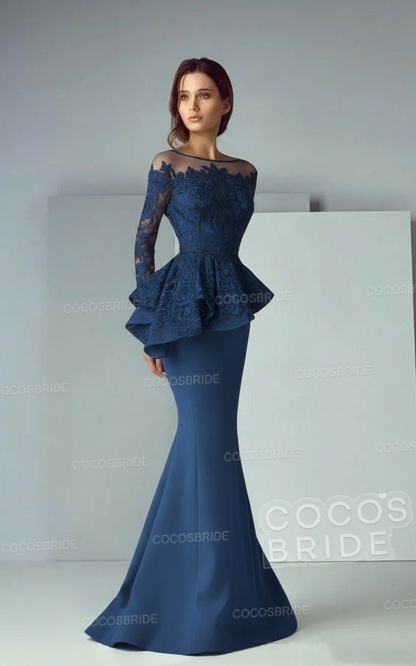 Modest Long Mermaid Lace Satin Formal Prom Dresses with Sleeves