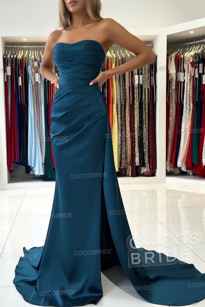 Long Mermaid Strapless Satin Prom Dress with Slit