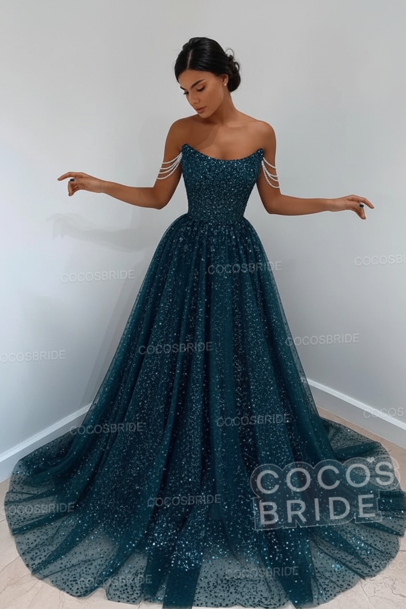 Long A-line Sparkly Sleeveless Sequined Formal Prom Dress