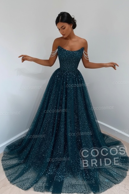 Long A-line Sparkly Sleeveless Sequined Formal Prom Dress