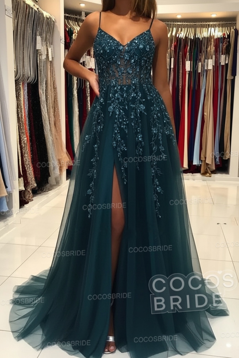 Long A-line V-neck Spaghetti Straps Open Back Prom Dress with Slit