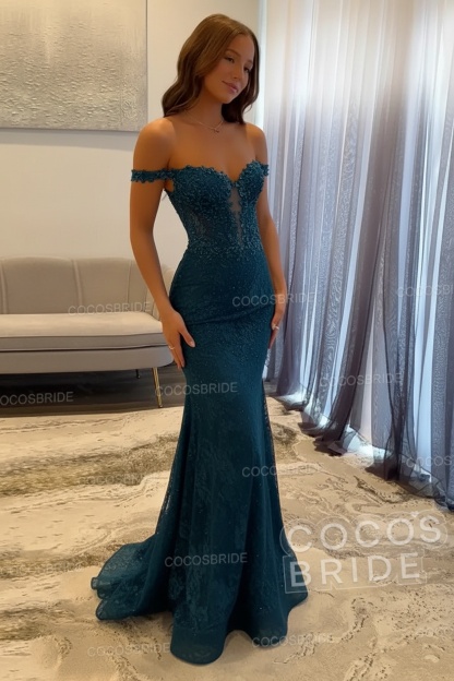 Dark Navy Long Mermaid Off the Shoulder Lace Prom Dress