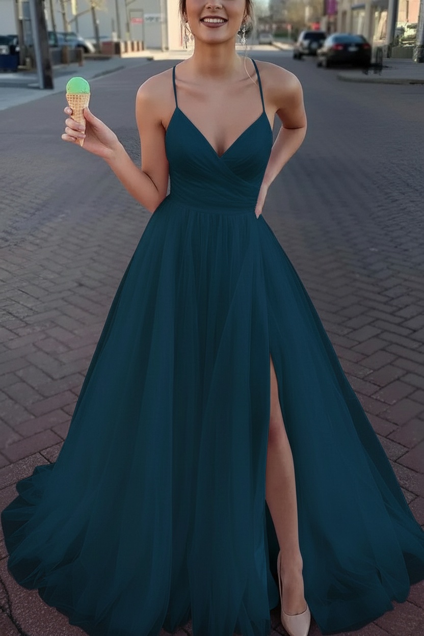 Long Spaghetti Straps V-neck A-Line Tulle Prom Dress With Side Slit