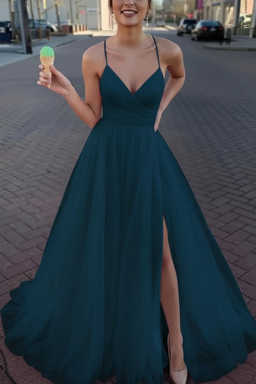 Long Spaghetti Straps V-neck A-Line Tulle Prom Dress With Side Slit