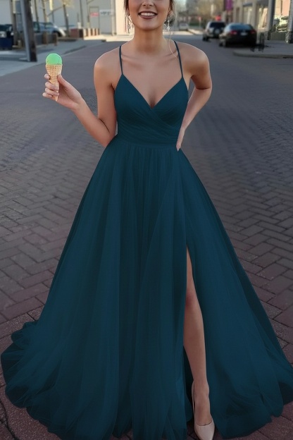 Long Spaghetti Straps V-neck A-Line Tulle Prom Dress With Side Slit