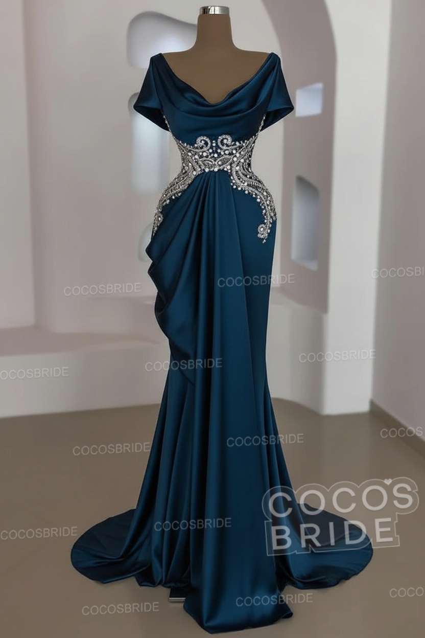 Mermaid Cowl Neck Satin Long Prom Dresses with Short Sleeves