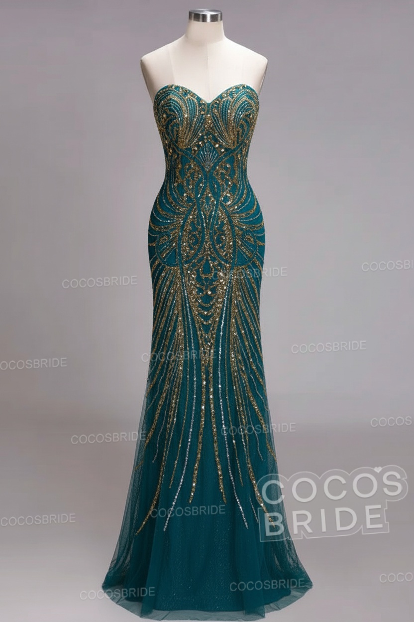 Mermaid Strapless Sweetheart Long Sequined Formal Evening Dresses with Beads