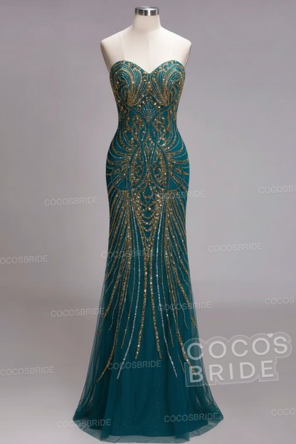 Mermaid Strapless Sweetheart Long Sequined Formal Evening Dresses with Beads