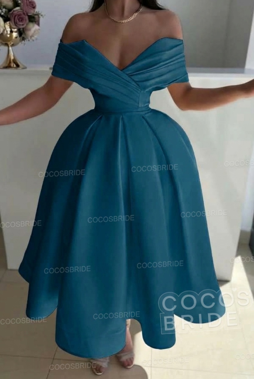 Off the Shoulder A-Line Satin Prom Dress with Pleated