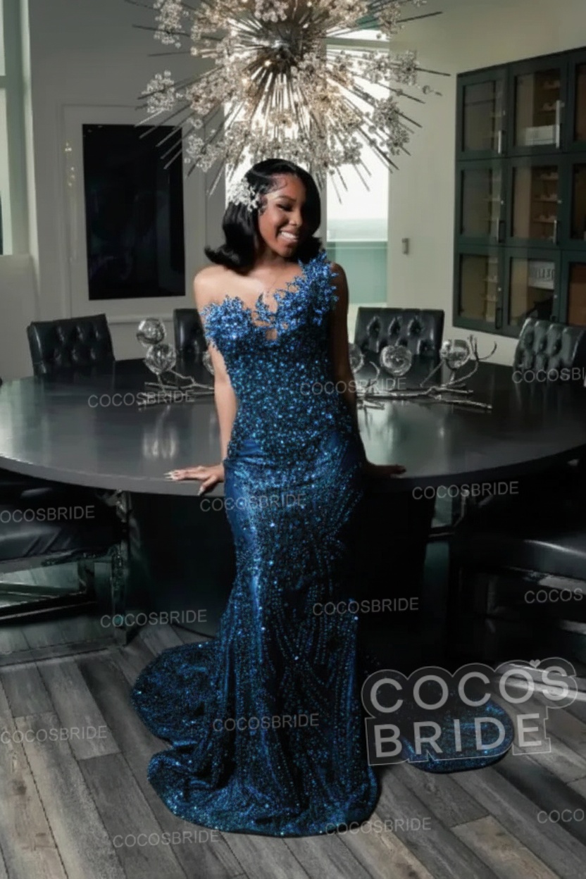 One Shoulder Sleeveless Mermaid Prom Dress with Beaded