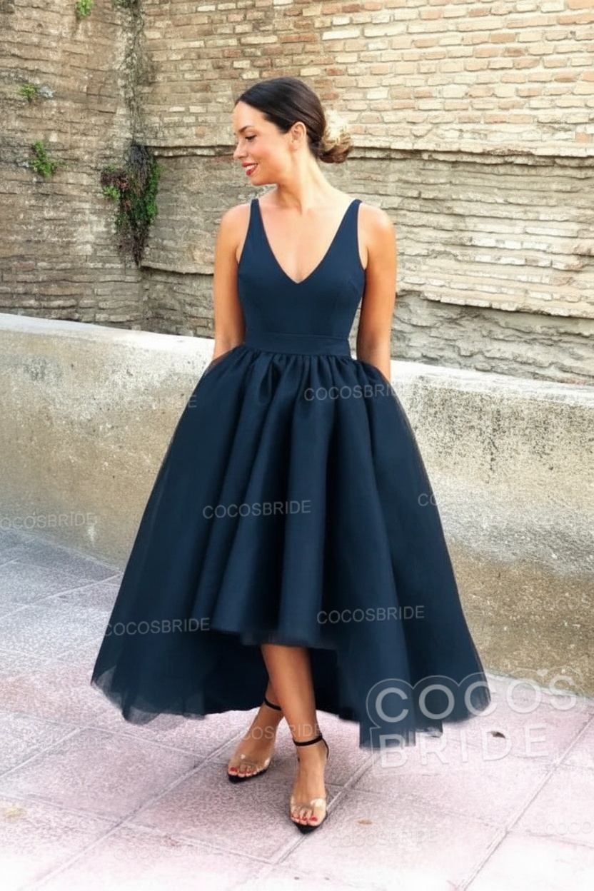Simple Black V-neck Sleeveless Asymmetrical A-Line Prom Dresses