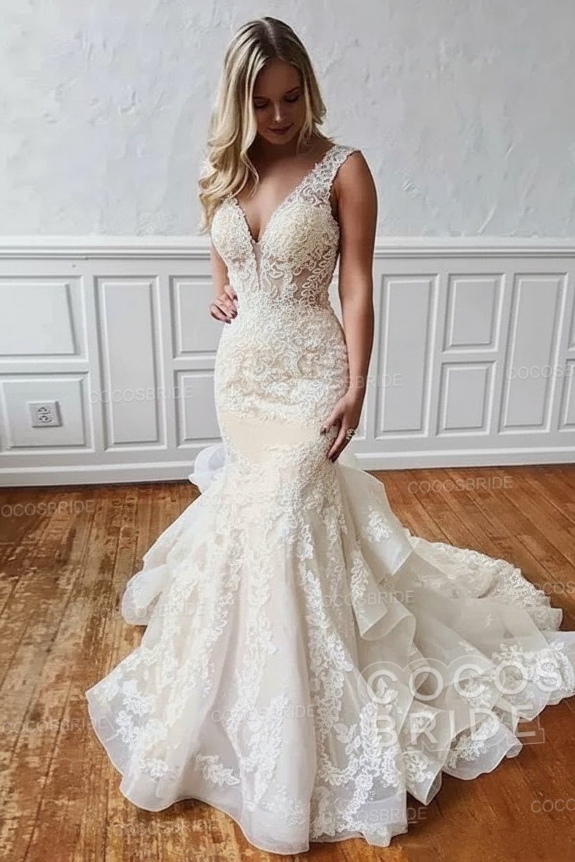 Long V Neck Sleeveless Backless Covered Button Mermaid Wedding Dresses